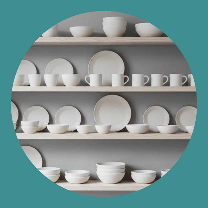 Keramik Rohlinge fertig zum Bemalen im Regal bei Gansling Malstudio in Markt Schwaben