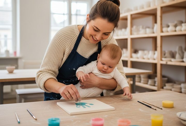 Mutter und Baby beim Handabdruck malen auf Keramik bei Gansling Malstudio Markt Schwaben