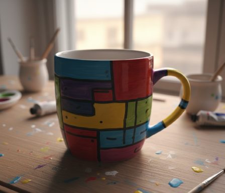 Bemalte Tasse in Grundfarben inspiriert an moderner Kunst