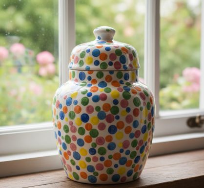 Bemalte Dose mit verschiedenen Farbpunkten