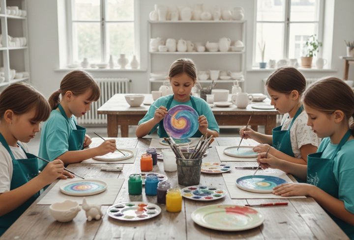 Schulkinder beim Bemalen von Keramik bei Gansling Malstudio Markt Schwaben