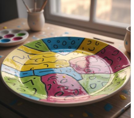 Bemalter Teller mit abstrakten Motiven in Grün, Rot, Blau und Gelb