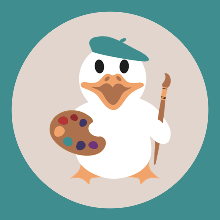 Illustrierte weiße Gans, mit Farbpalette und Pinsel – das Maskottchen vom Gansling Malstudio in Markt Schwaben