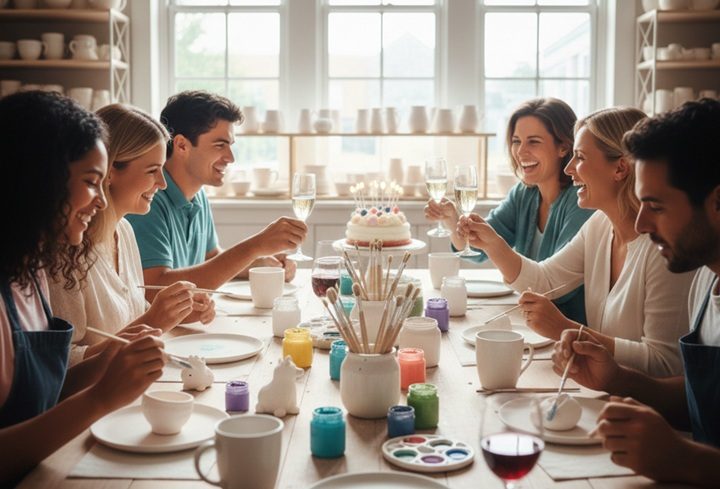 Geburtstagsfeier mit Gäste beim Bemalen von Keramik bei Gansling Malstudio Markt Schwaben
