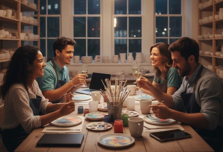 Arbeitskollegen beim Bemalen von Keramik bei Gansling Malstudio Markt Schwaben