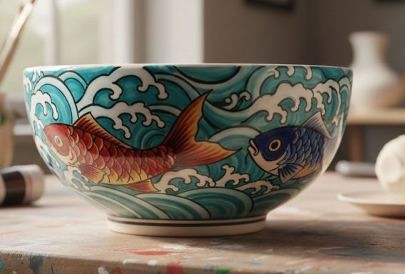 Schale mit Fischen in Wellen inspiriert an asiatische Motiven