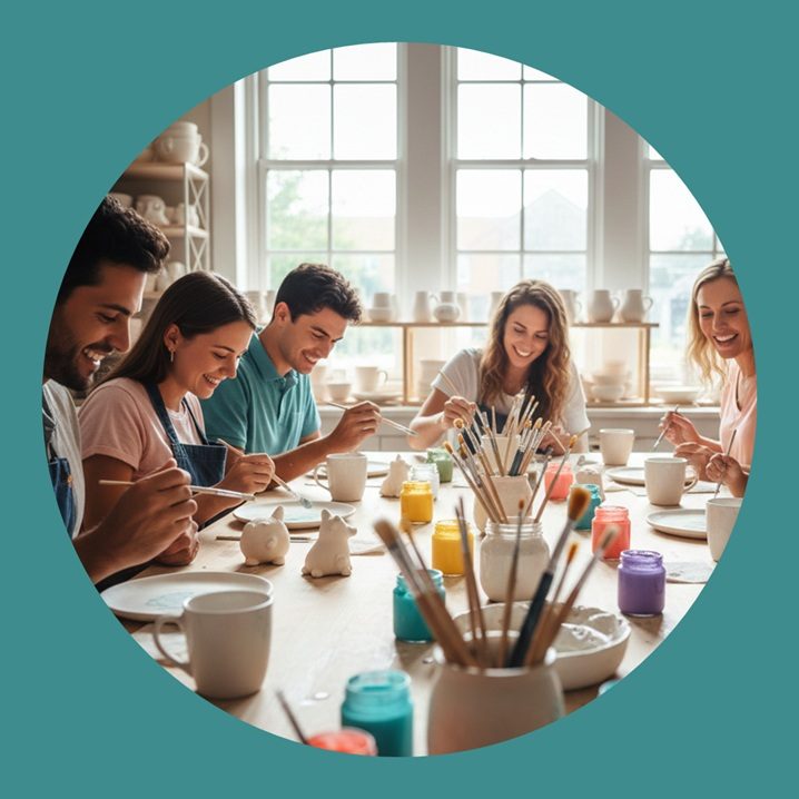 Gruppe von jungen Leuten beim Bemalen von Keramik bei Gansling Malstudio Markt Schwaben