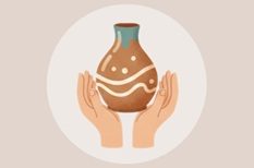 Stilisierte Schale mit Herz und Hacken als Symbol für Abholung der fertigen Keramik