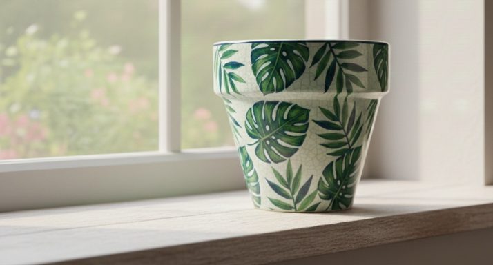 Bemalter Blumentopf mit Blättermotiv in Grün