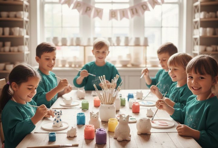 Kinder beim Kindergeburtstag beim Keramikbemalen im Gansling Malstudio Markt Schwaben